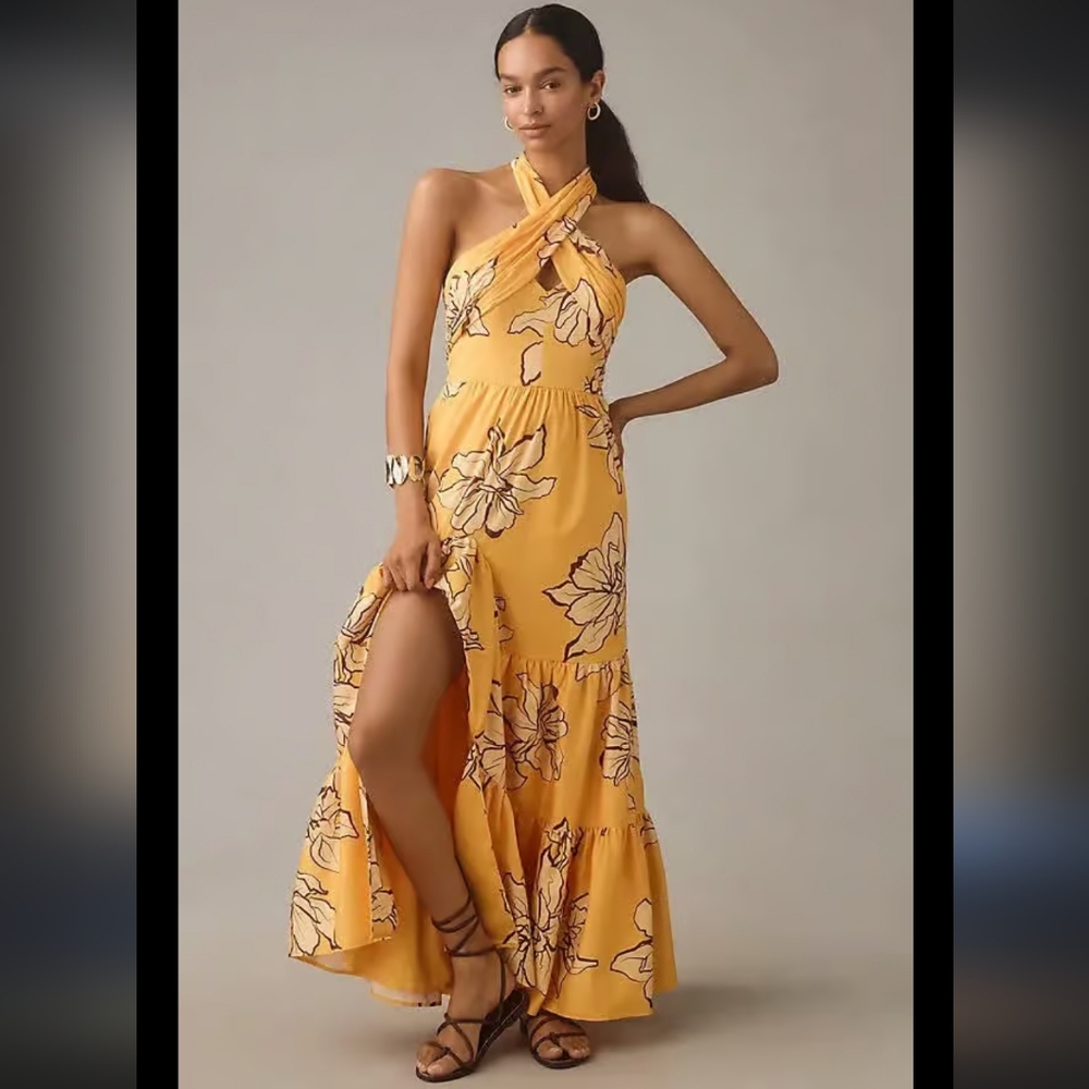 Anthropologie Hutch Yellow Floral Halter Maxi Dress